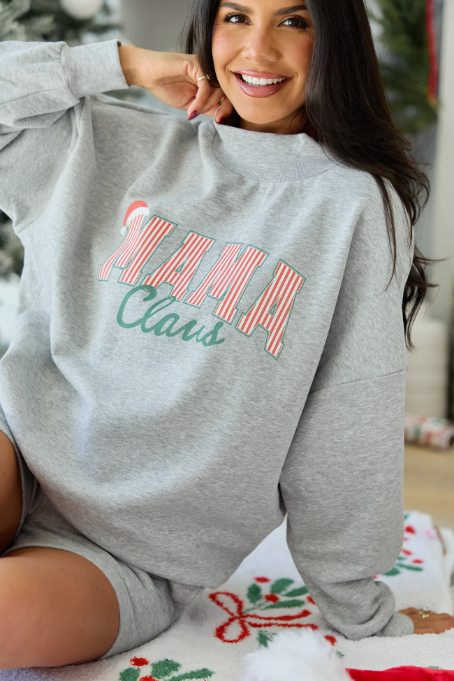 Mama Claus Striped Light Grey Mock Neck Graphic Sweatshirt